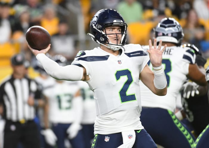 Seattle Seahawks quarterback Drew Lock (2) throws a pass against the Pittsburgh Steelers during the third quarter at Acrisure Stadium.